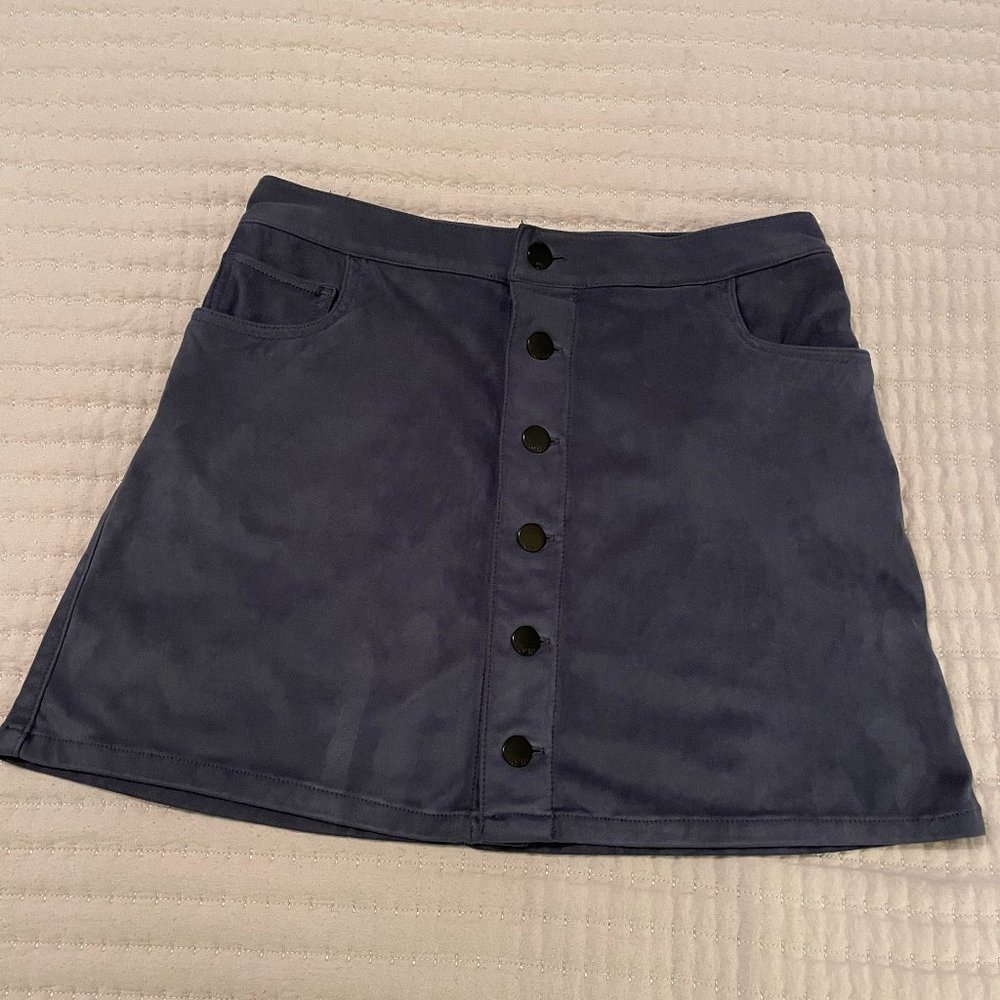 Express Women's Navy Blue Faux Suede Button Front High Waisted Mini Skirt Size 4 - Picture 1 of 7